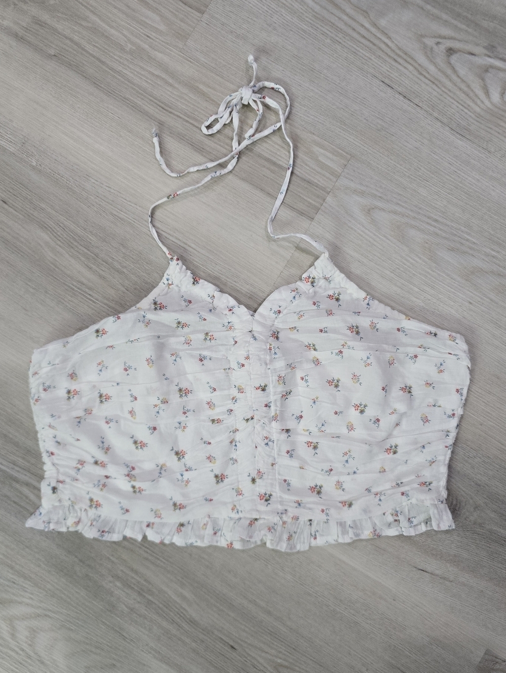 American Eagle White Floral Ruched Halter Crop Top Size L NWT - Picture 2 of 6